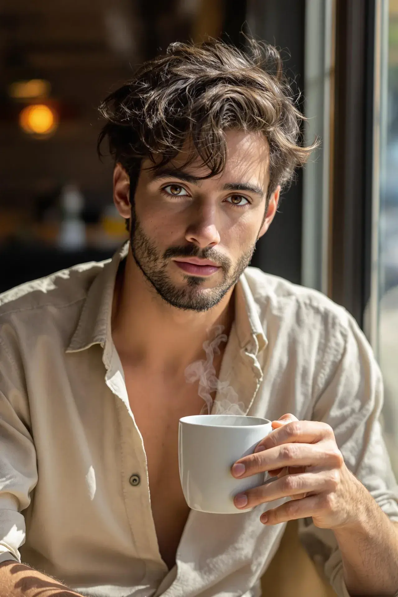 Charming Portrait Of A Man Enjoying Coffee By The Window