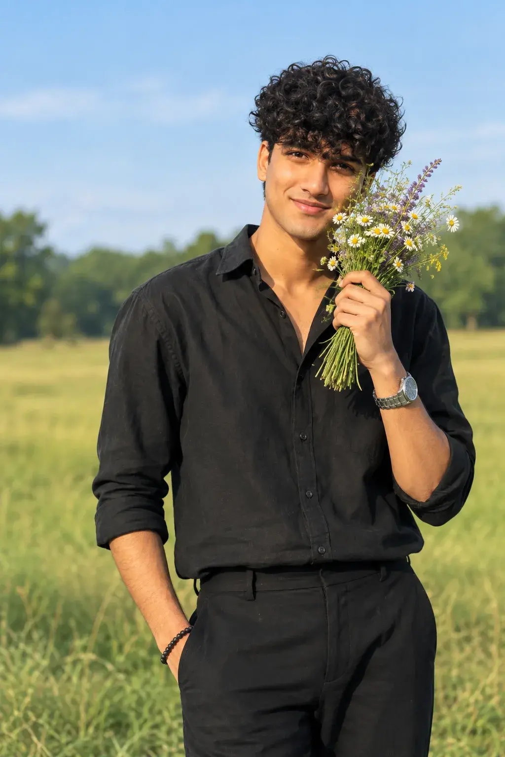 🌼 Charming Young Man With Wildflowers