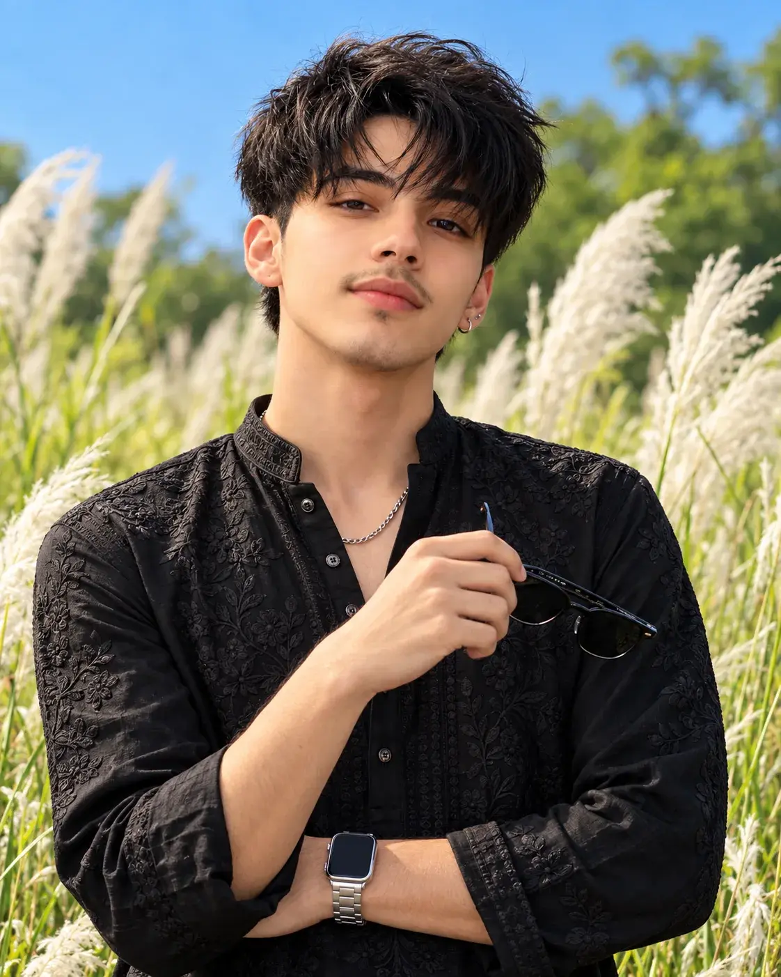 Cheerful Young Man In Black Embroidered Kurta Holding Sunglasses Outdoors