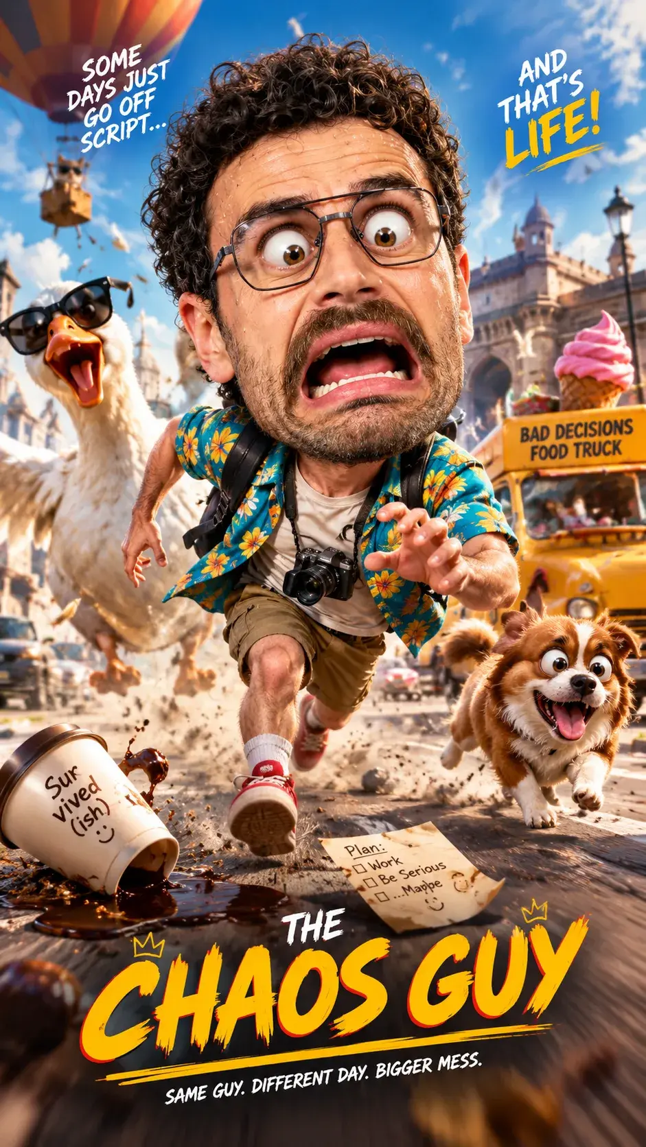 Cinematic 3D Chaotic Caricature Action Poster Prompt