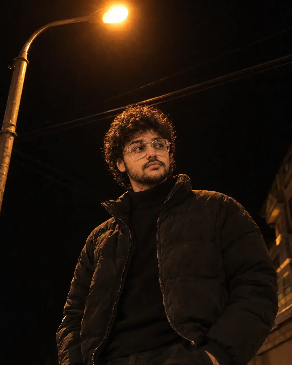 Cinematic Amber Streetlight Portrait.