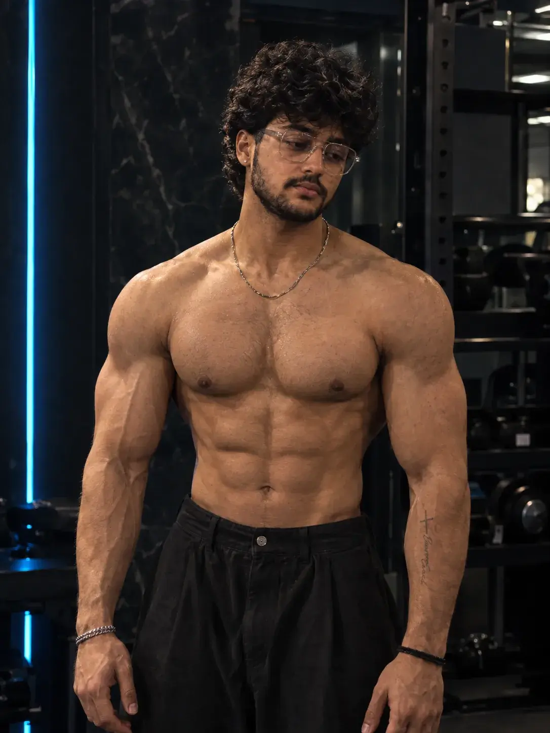 Cinematic Blue-Lit Gym Portrait.