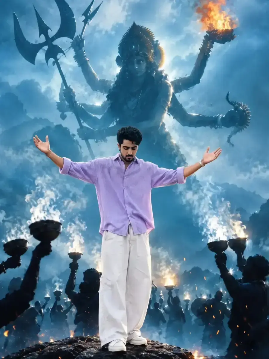 Cinematic Devotional Portrait Of Young South Asian Man With Outstretched Arms On Mountain Peak Before Colossal Goddess D