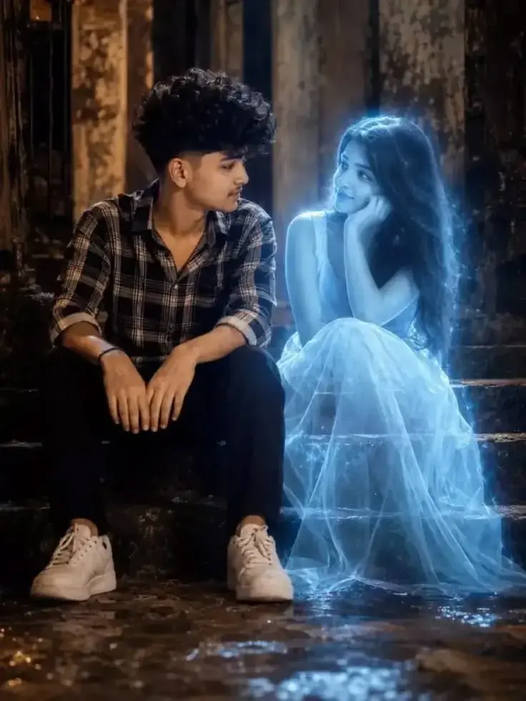 Cinematic Ethereal Night Portrait Of Young South Asian Man Sitting On Wet Stone Steps Beside Glowing Ghostly Spirit Woma