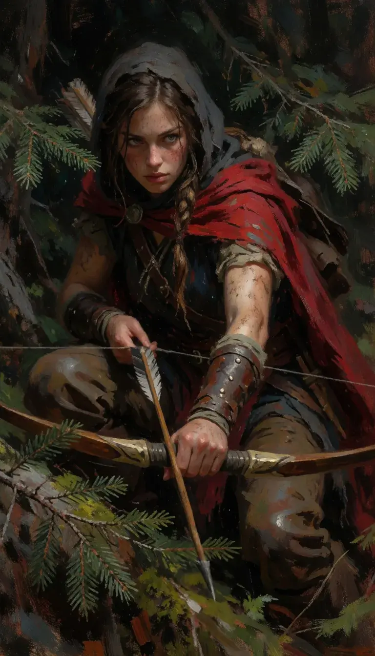 Cinematic Fantasy Portrait: Huntress With Red Hood In Pine Forest