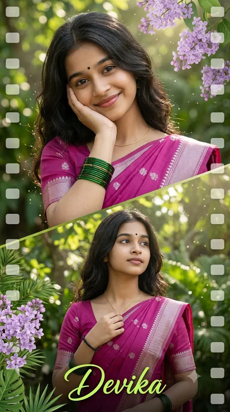 Cinematic Filmstrip Split-Screen Indian Girl Portrait In Magenta Saree Prompt