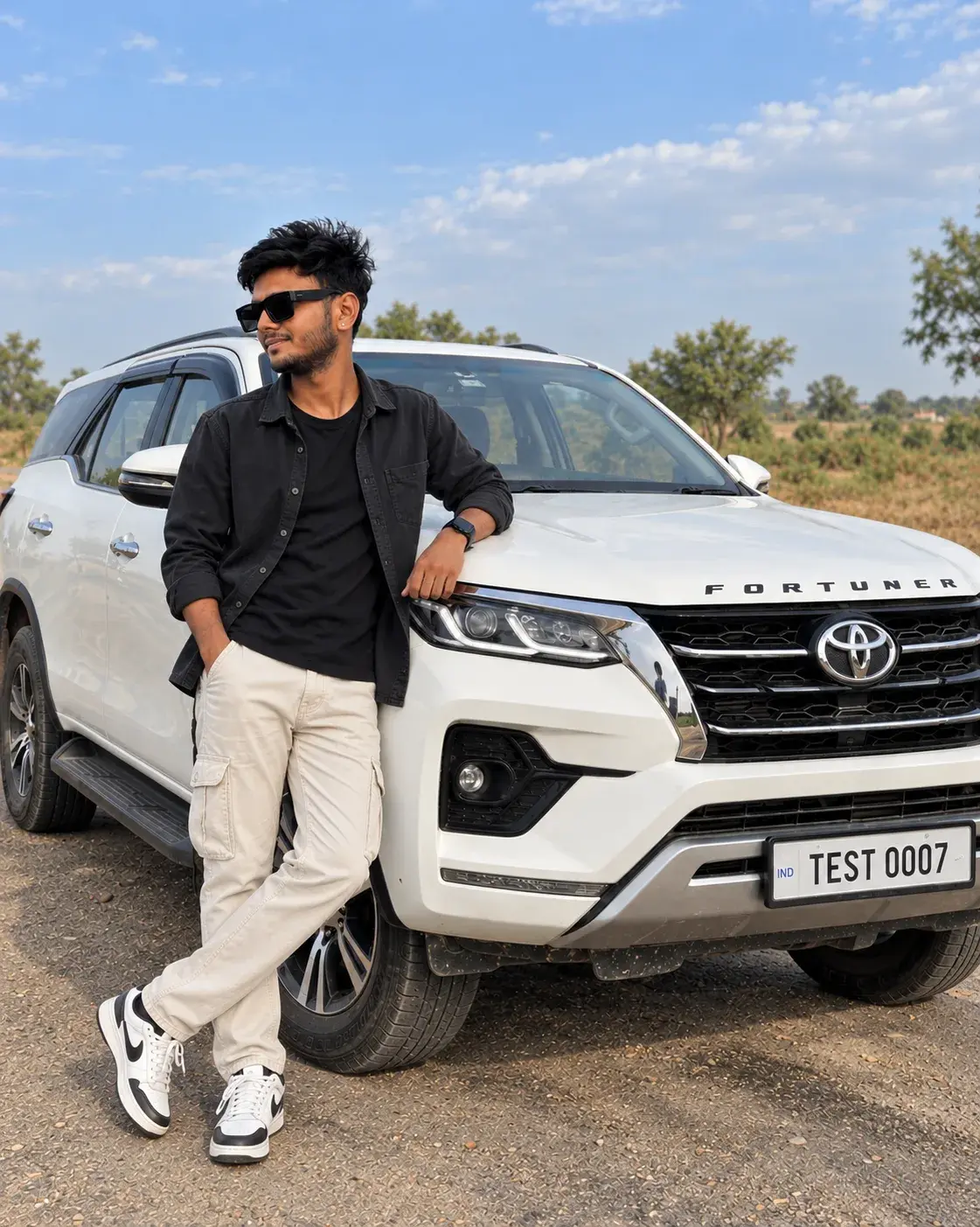 📸 Cinematic Fortuner Roadside Portrait — Exact Prompt