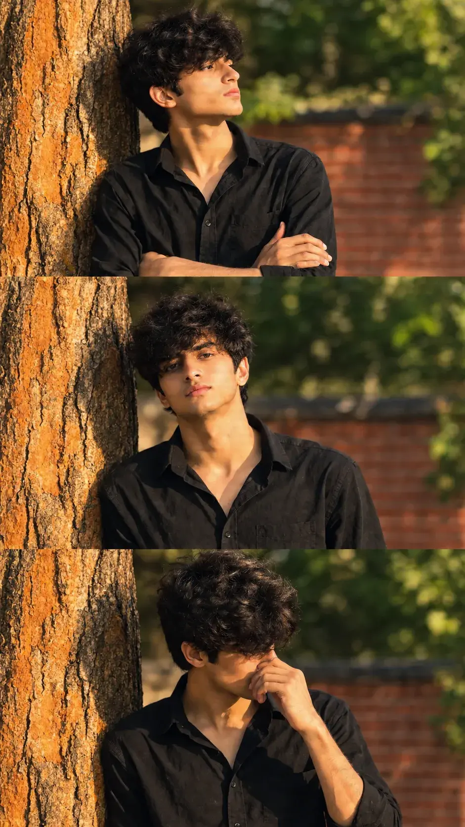 Cinematic Golden Hour Three-Panel Portrait Of A Young Man By A Tree