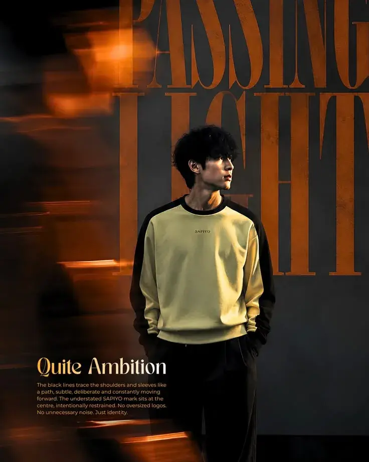 Cinematic High-Fashion Editorial Poster Portrait Of Young East Asian Man In Yellow Colorblock Sweatshirt With Fiery Ambe