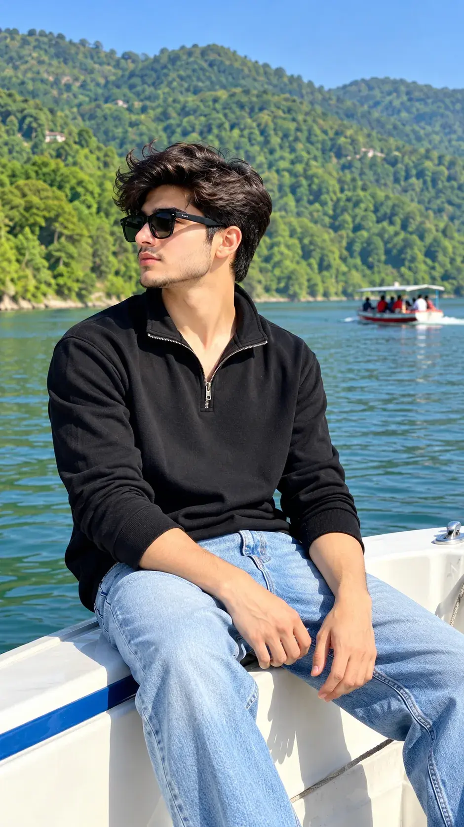 Cinematic Lake Portrait Of A Young Man In Black Sunglasses On A White Boat 🛥️