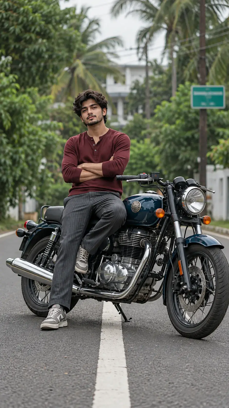 Cinematic Motorcycle Portrait Of A Young Man In Burgundy Henley Shirt 🏍️