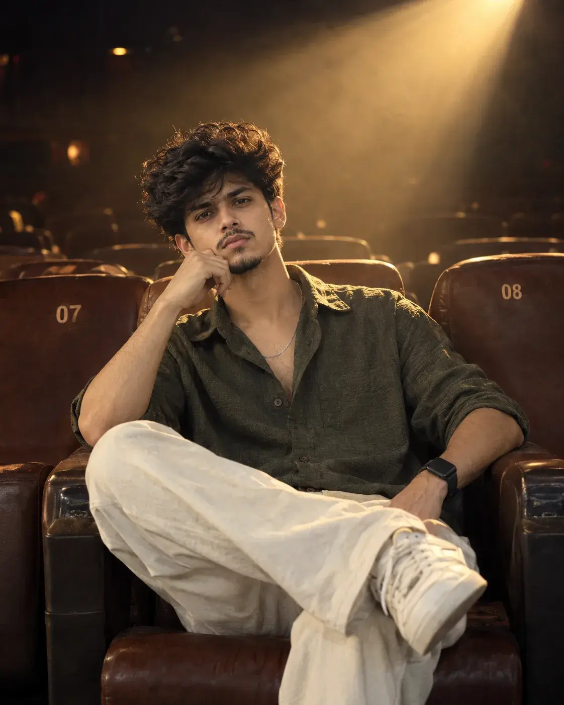 Cinematic Portrait Of A Young Man In Olive Shirt Sitting In A Vintage Movie Theater