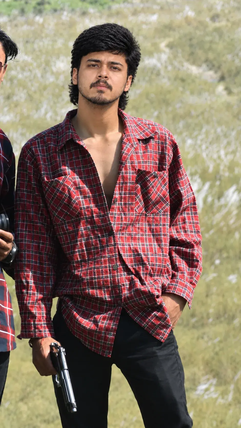 Cinematic Red Plaid Outdoor Portrait