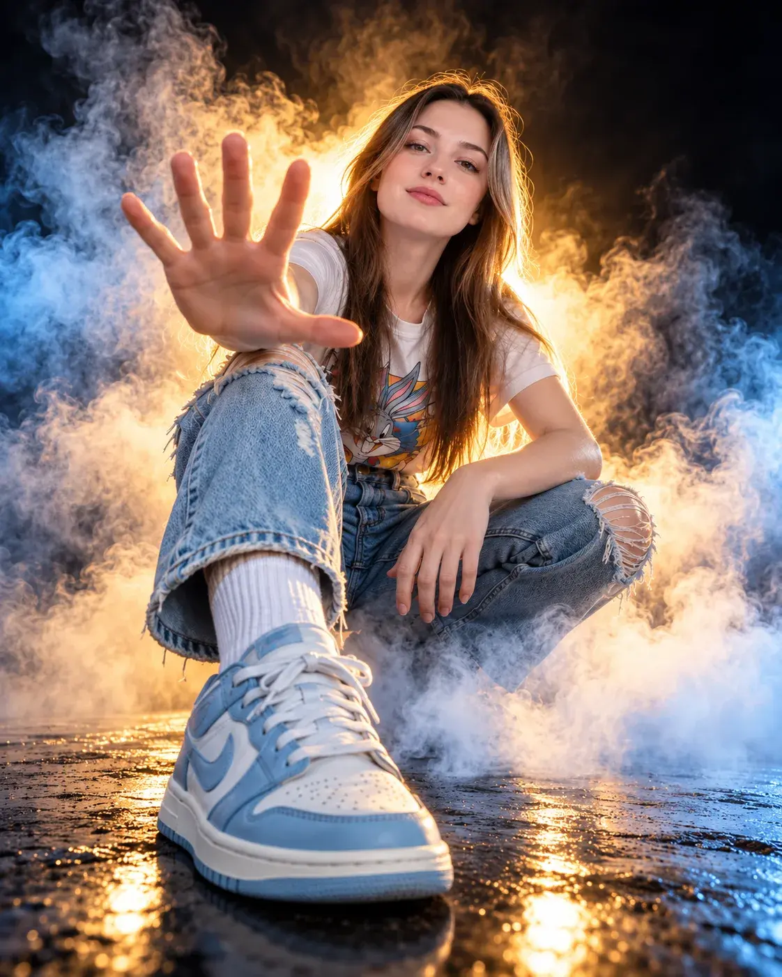 Cinematic Smoke Crouching Girl Sneaker Photo AI Prompt