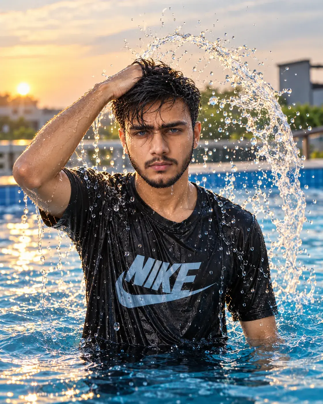 Cinematic Swimming Pool Water Splash Portrait — Exact AI Image Prompt