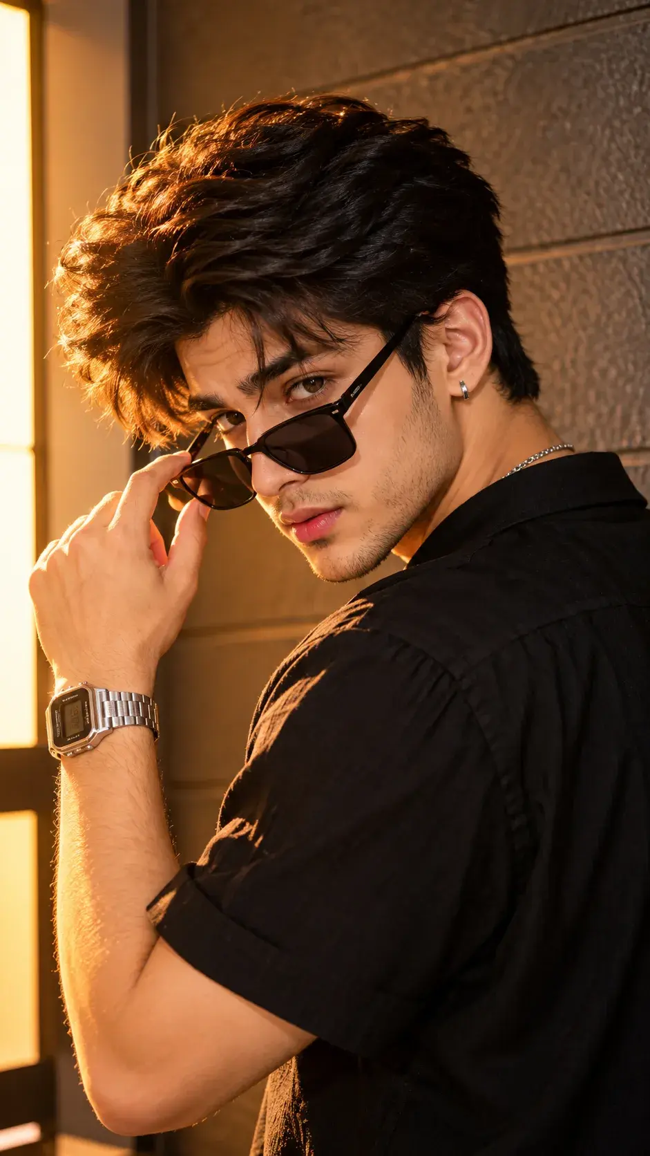 Cinematic Warm Portrait Of A Young Man Lowering Sunglasses 😎