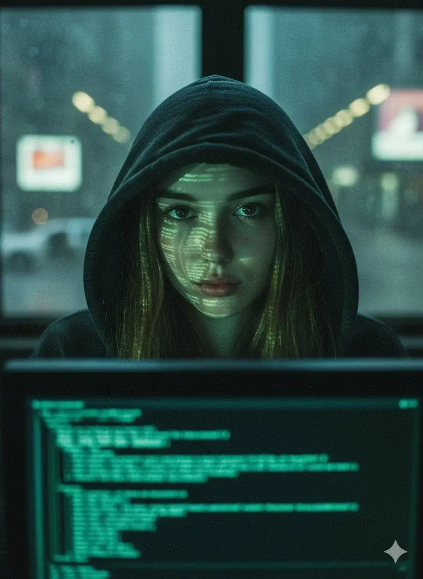 Close-Up Portrait Of Young Woman In Dark Hoodie