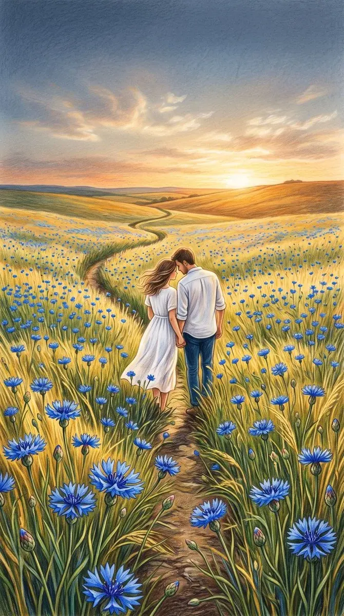 Colored Pencil Cornflower Field Couple