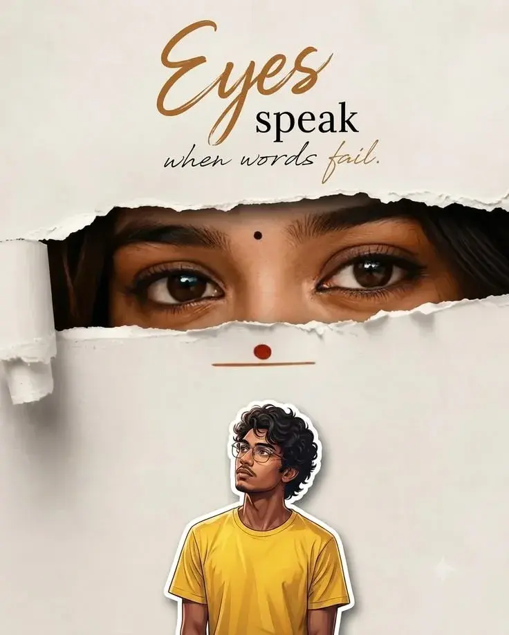 Conceptual Ripped Paper Wall Portrait With Giant Expressive Female Eyes And Illustrated Young South Asian Man Sticker