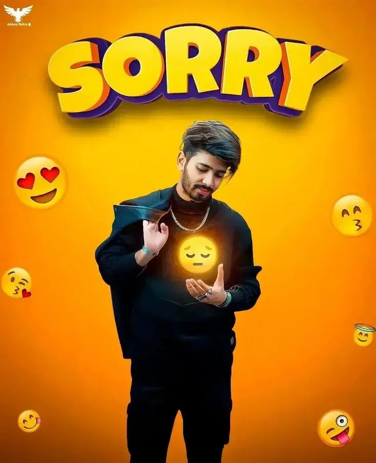 Conceptual Vibrant Yellow Studio Portrait Of Young South Asian Man With 3D Sorry Typography And Glowing Sad Emoji