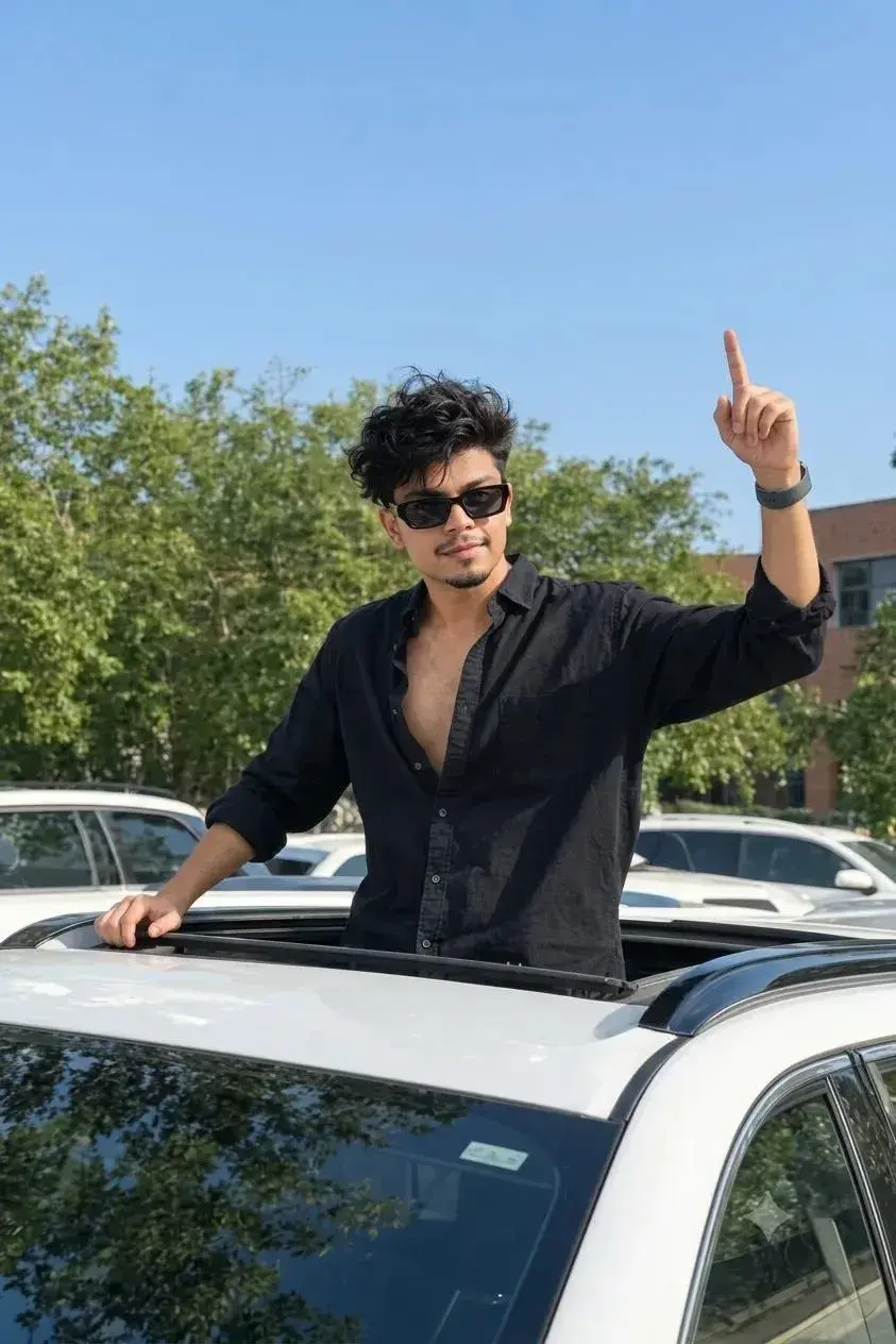 Confident Young Man In Black Shirt Standing Through Car Sunroof Pointing Upwards