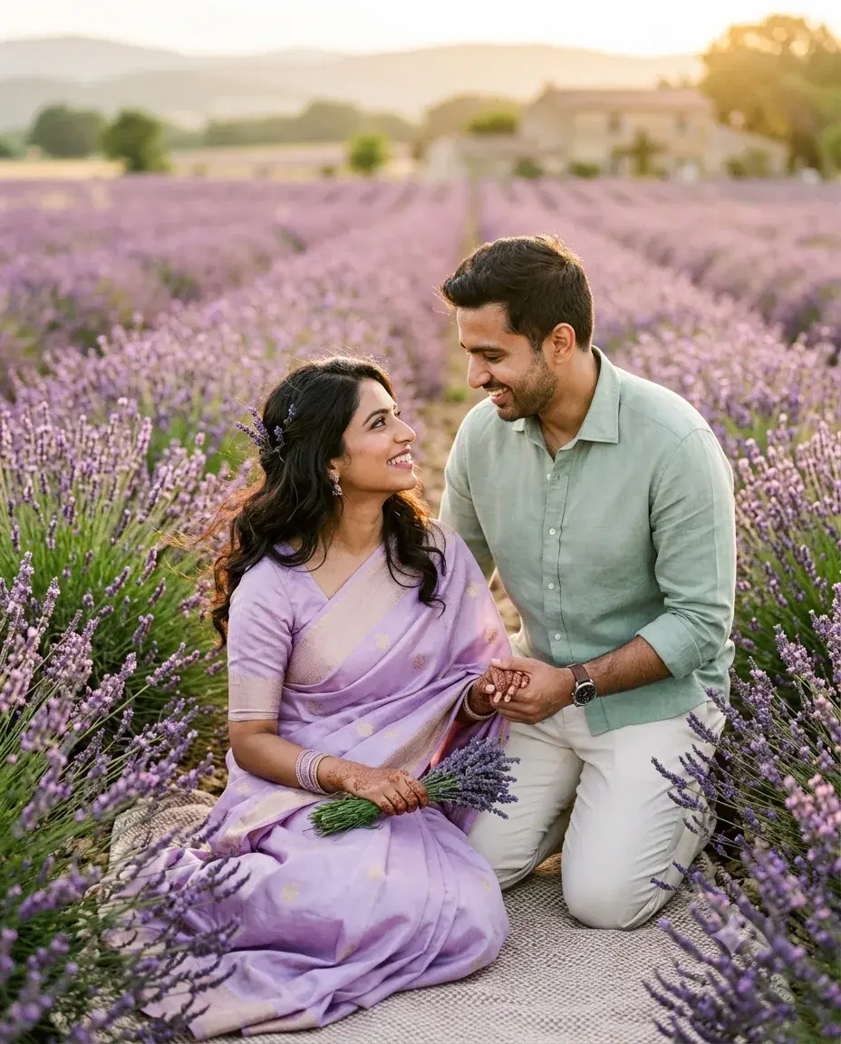 Couple Photoshoot In A Beautiful Lavender Field During Golden Hour