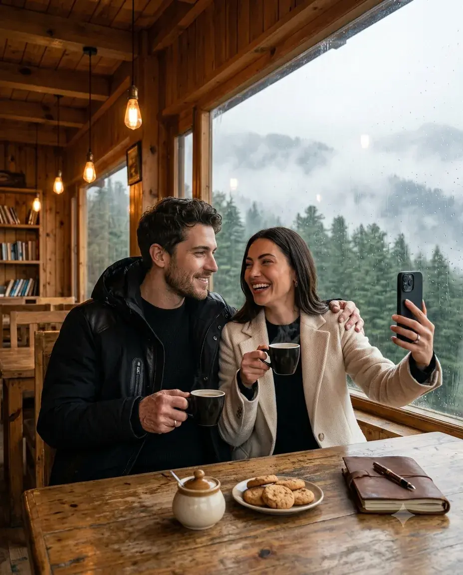 Couple Photoshoot Inside A Cozy Mountain Café In Kashmir On A Misty Rainy Day.