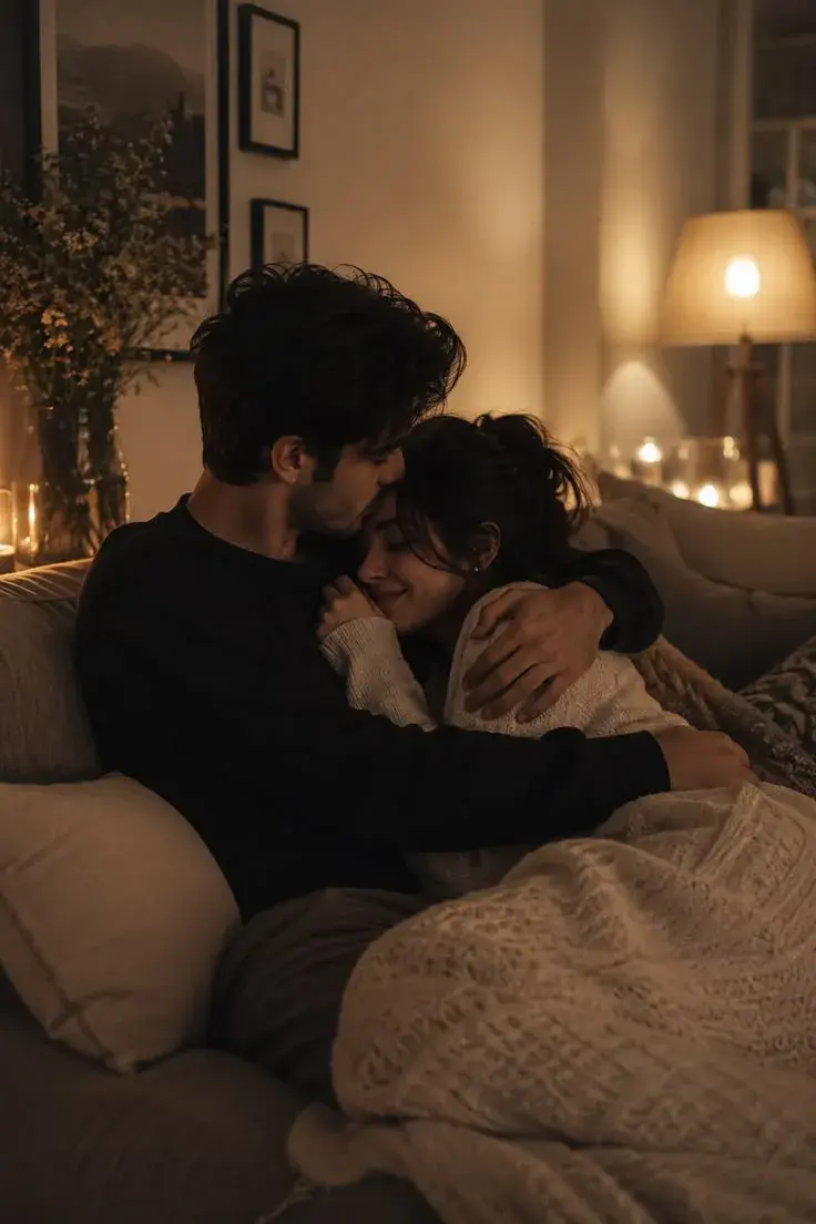 Cozy Couple Cuddling On Sofa Under Warm Lamp And Candlelight