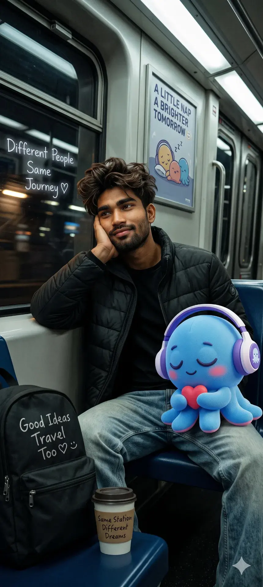 Cozy Subway Commute: Young Man With Cute Sleeping Octopus Companion