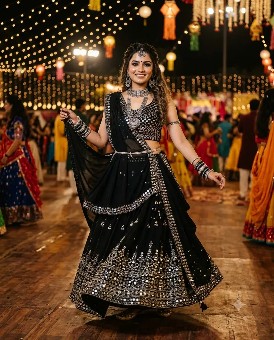 Create An Ultra-Realistic Full-Body Portrait Of A Beautiful Young South Asian Woman In A Stunning Black Garba Lehenga Wi