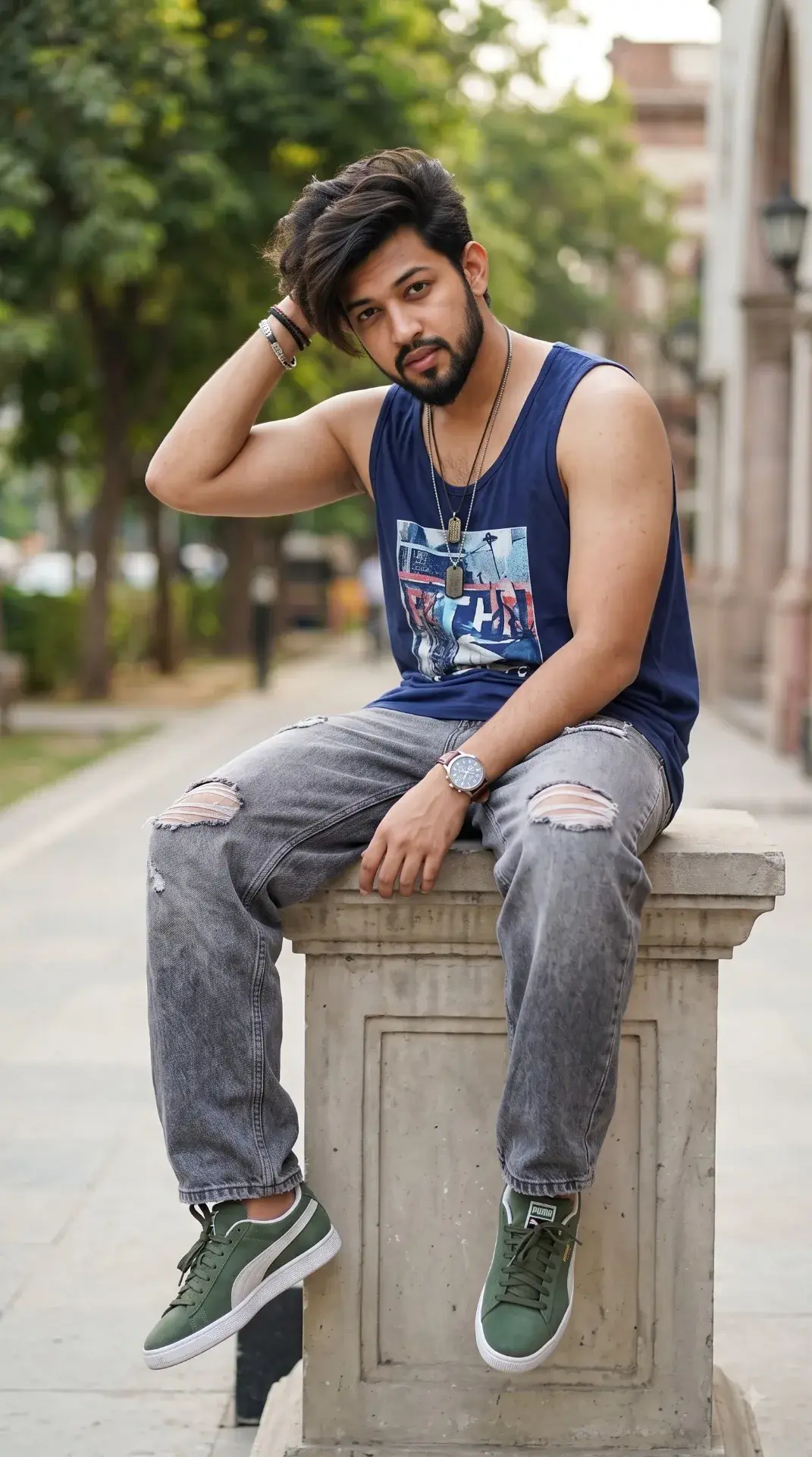 Create Image Trendy Young Man(use Refrence Image)sittin