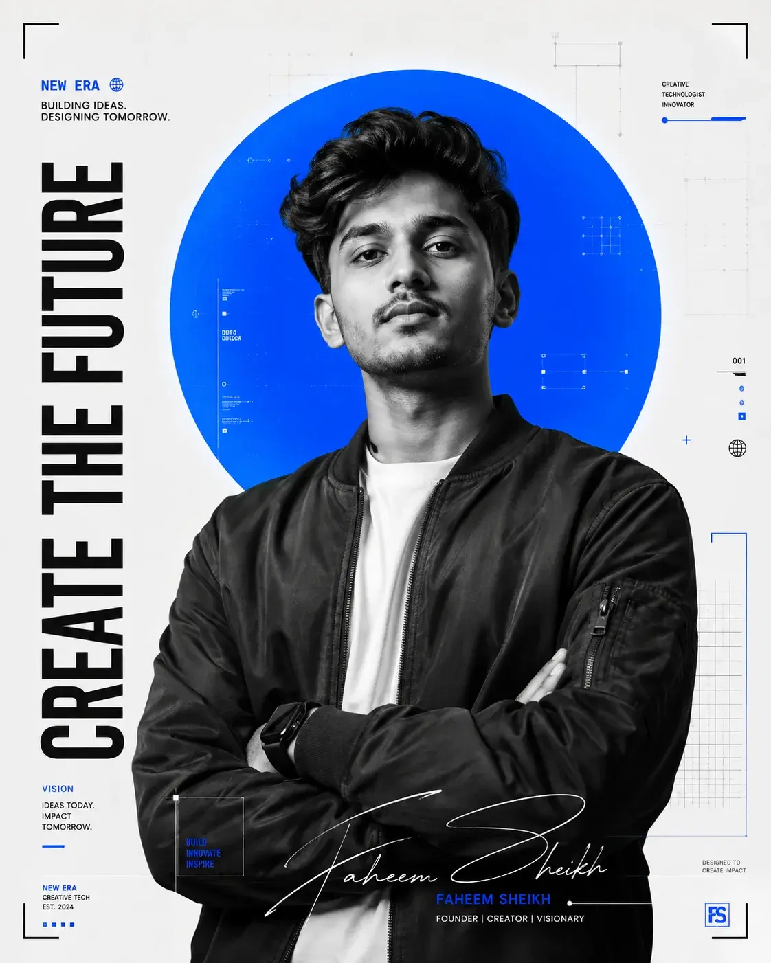 Create The Future Editorial Portrait AI Prompt | Ultra-Realistic Black & White Tech Poster With Blue Halo