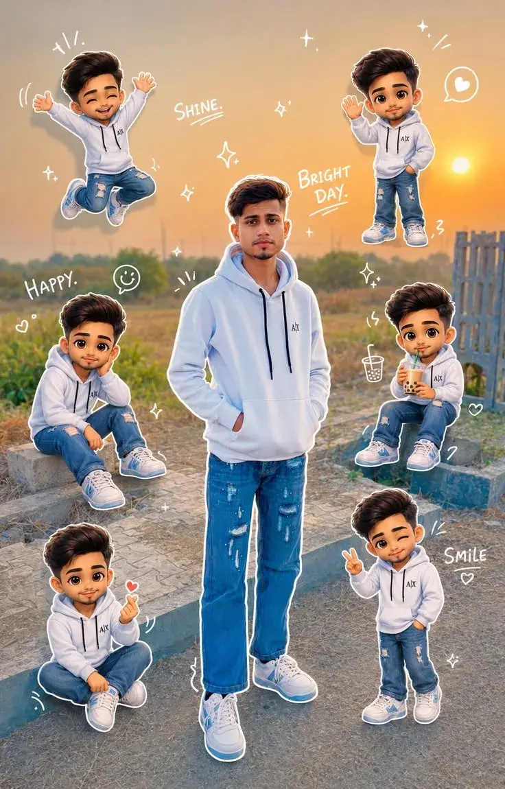 Creative Golden Hour Collage Of Young Indian Man With Chibi Cartoon Avatars