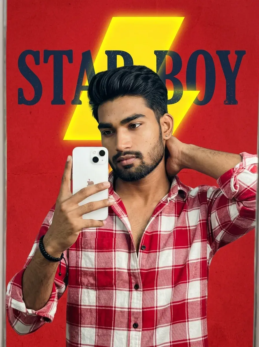 Creative Graphic Mirror Selfie Portrait Of Young South Asian Man In Red Plaid Flannel On Starboy Lightning Red Backdrop