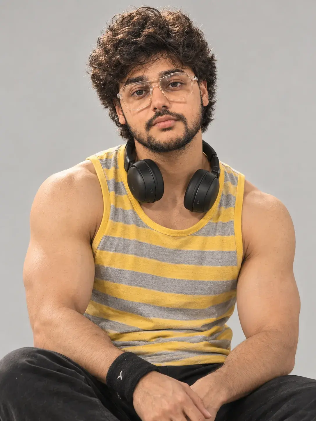 Curly-Haired Fitness Portrait With Headphones.