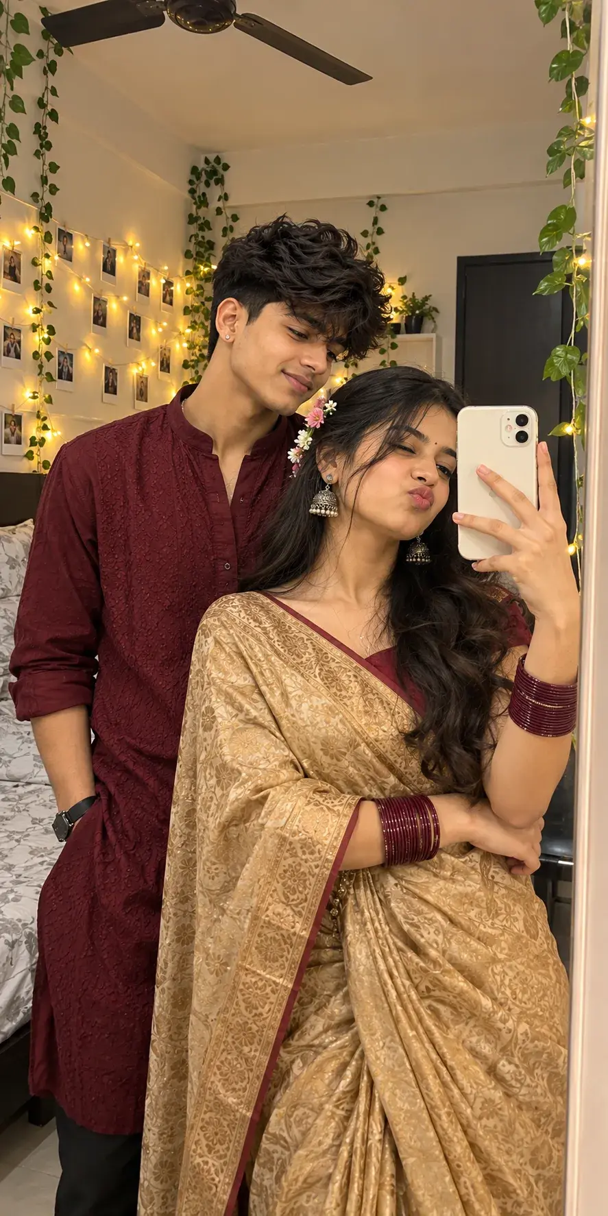 Cute Indian Couple Mirror Selfie ❤️ | Traditional Saree & Maroon Kurta Aesthetic