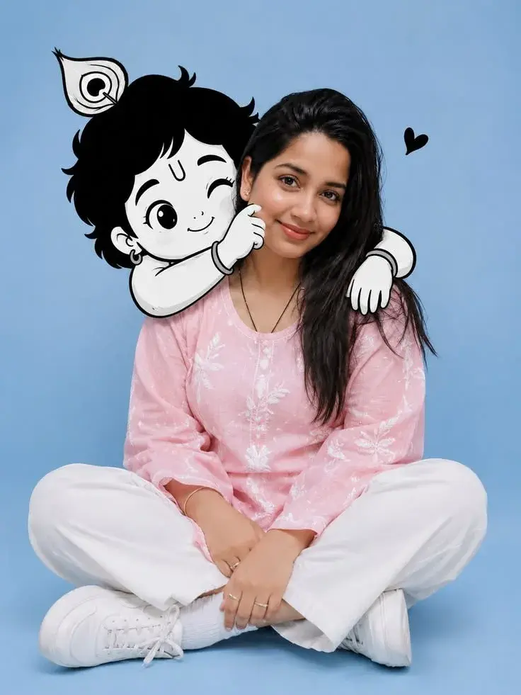 Cute Krishna & Girl – Divine Cartoon Love 💙✨