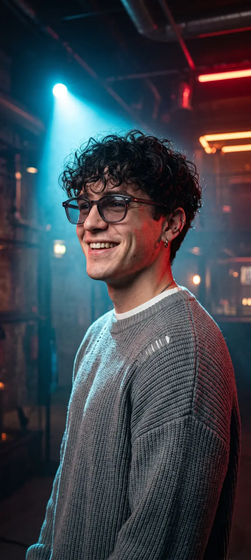 Cyberpunk Neon Aesthetic: Smiling Young Man With Curly Hair And Tinted Glasses Under Blue And Red Lighting