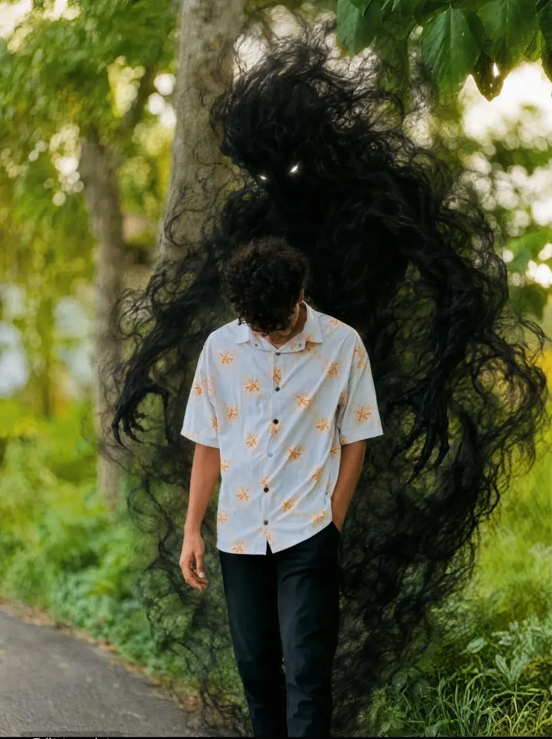 Dark Shadow Entity Looming Over Man On Forest Pathway
