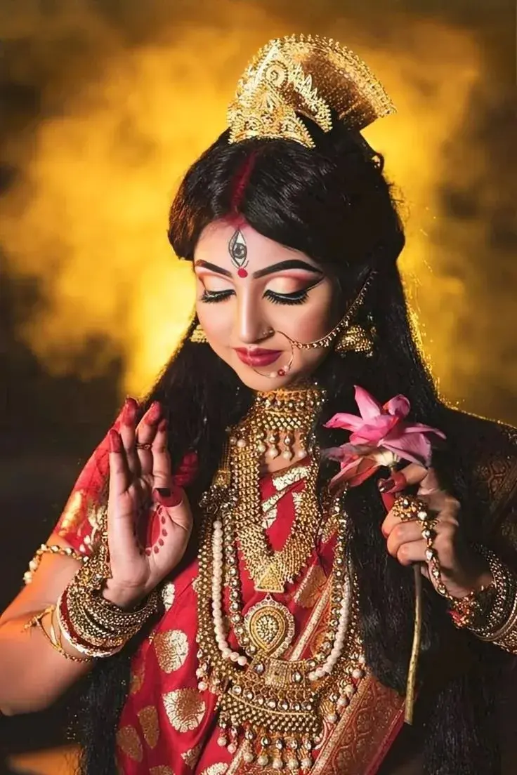 Devotional Bengali Bride Styled As Goddess Durga With Lotus Flower And Golden Mukut