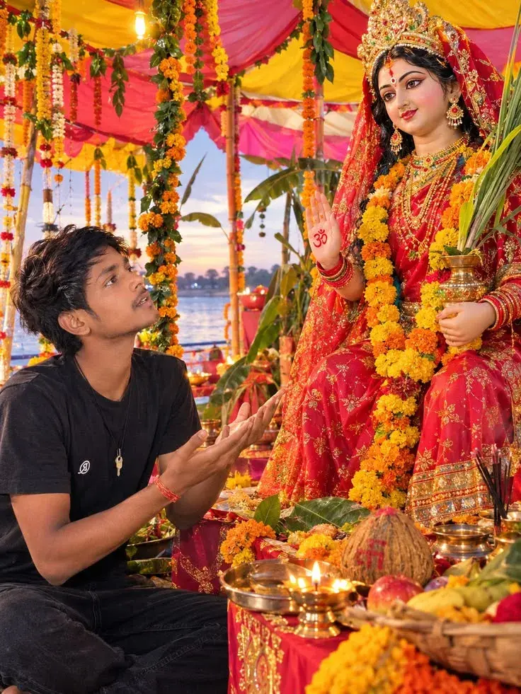 Devotional Chhath Puja Scene Of Devotee Kneeling In Reverence Before Goddess Chhathi Maiya