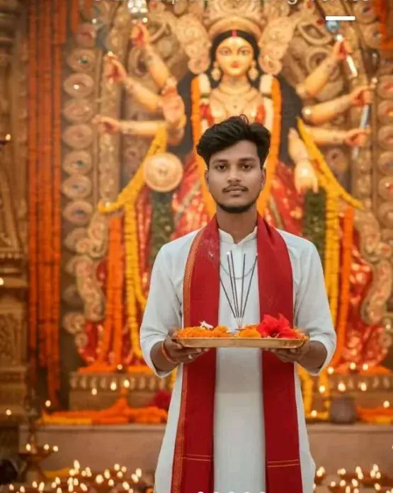 Devotional Navratri Portrait Of Young Devotee Holding Puja Thali Before Maa Durga Idol