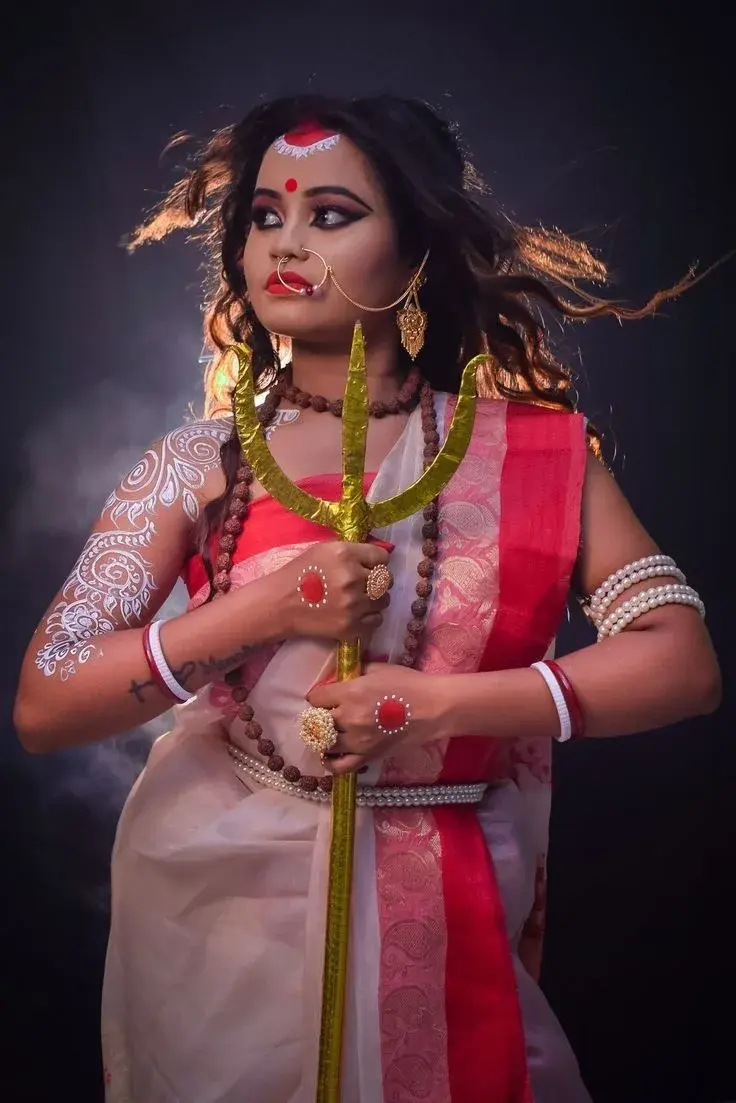 Devotional Navratri Portrait Of Young Woman Embodying Goddess Durga Holding Golden Trishul