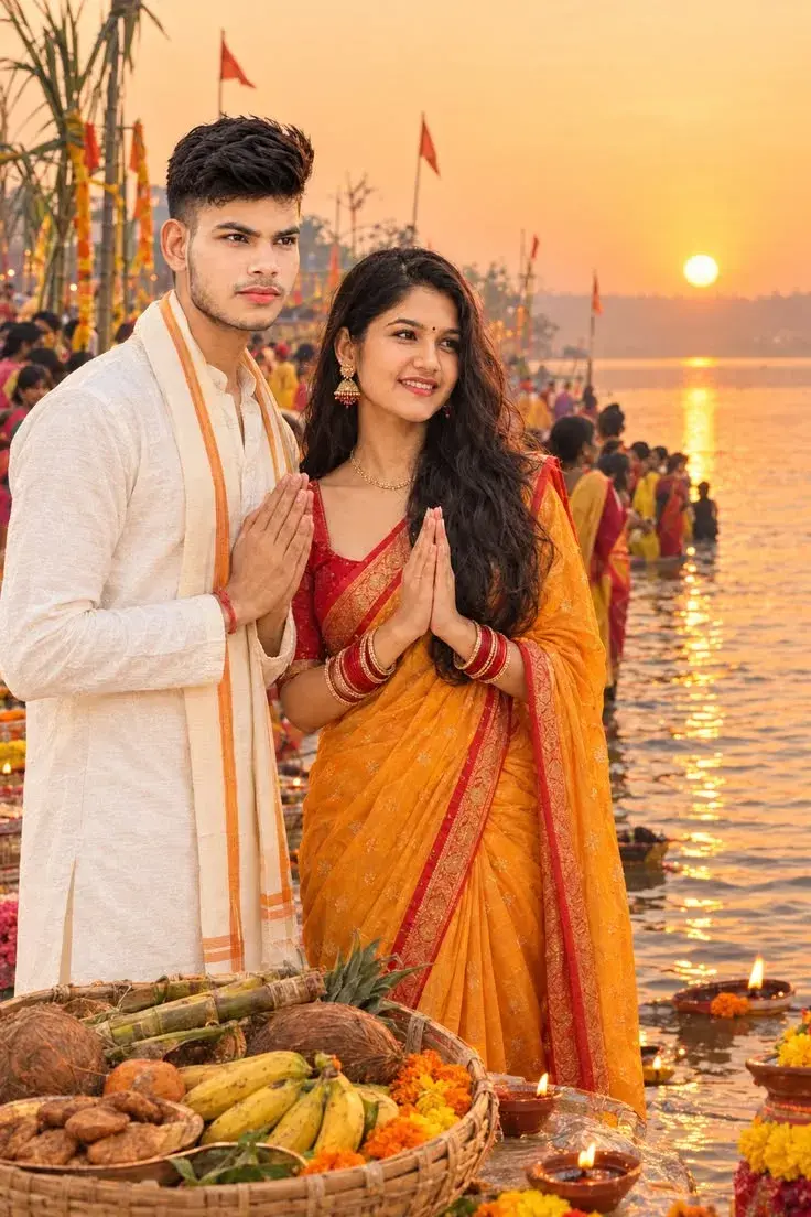 Divine Chhath Puja At Sunset 🙏🌅 | Traditional Indian Couple By The Holy River