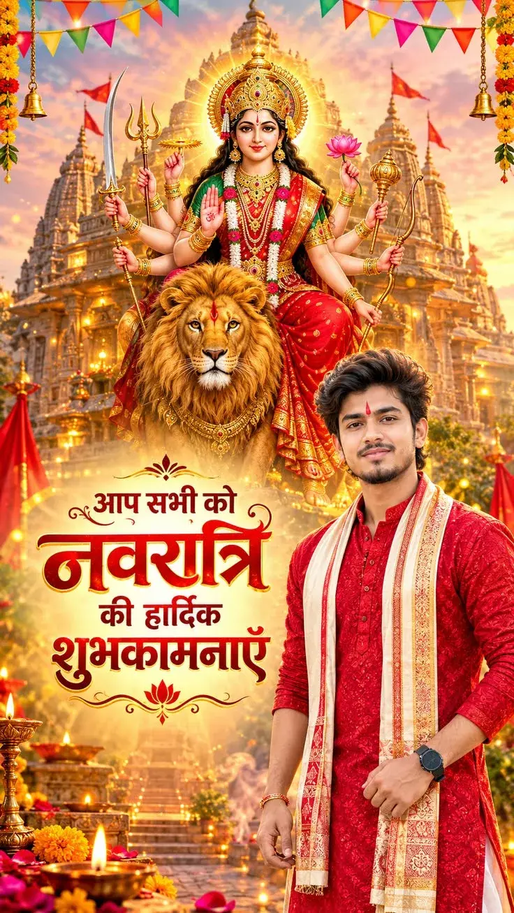 Divine Navratri Blessings – Maa Durga's Golden Temple Festival Poster