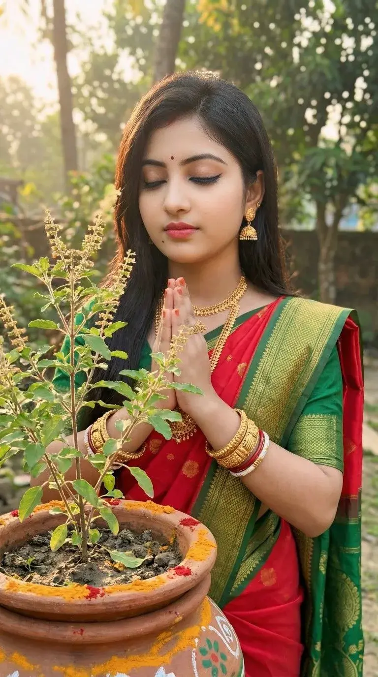 Divine Tulsi Puja 🌿🙏 | Traditional Indian Spiritual Portrait