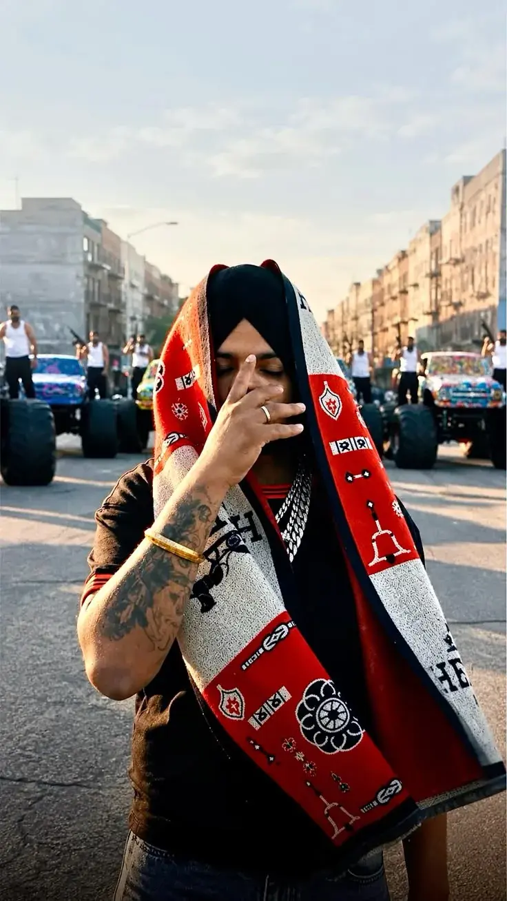 Dramatic Candid Urban Street Portrait Of Sikh Hip-Hop Artist With Red Patterned Scarf And Monster Trucks