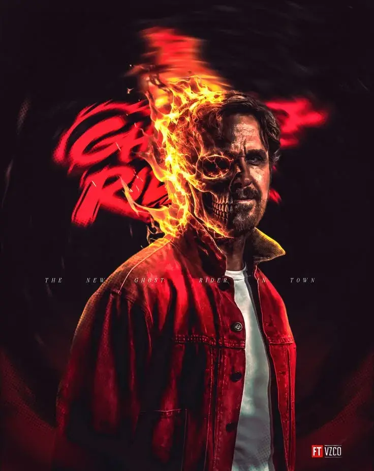 Dramatic Cinematic Ghost Rider Movie Poster Of Man With Half Burning Flaming Skull Face In Red Denim Jacket