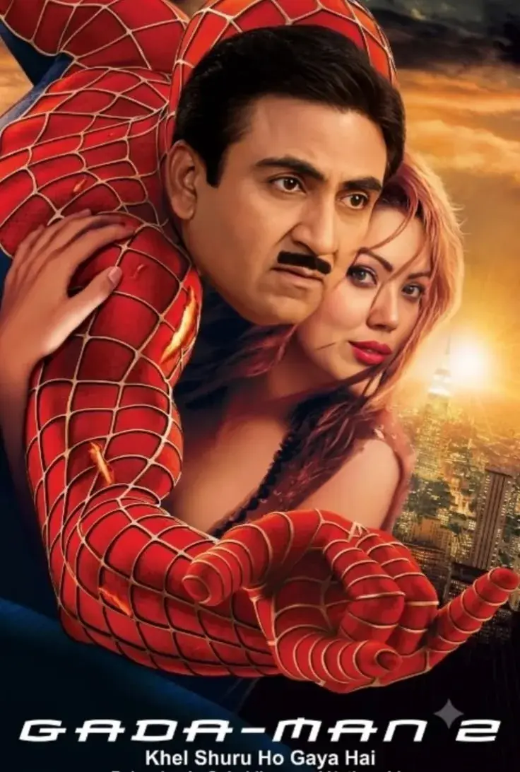 Dramatic Cinematic Movie Poster Of Indian Superhero In Red Spider Suit Carrying Woman Over Sunset Skyscraper Cityscape