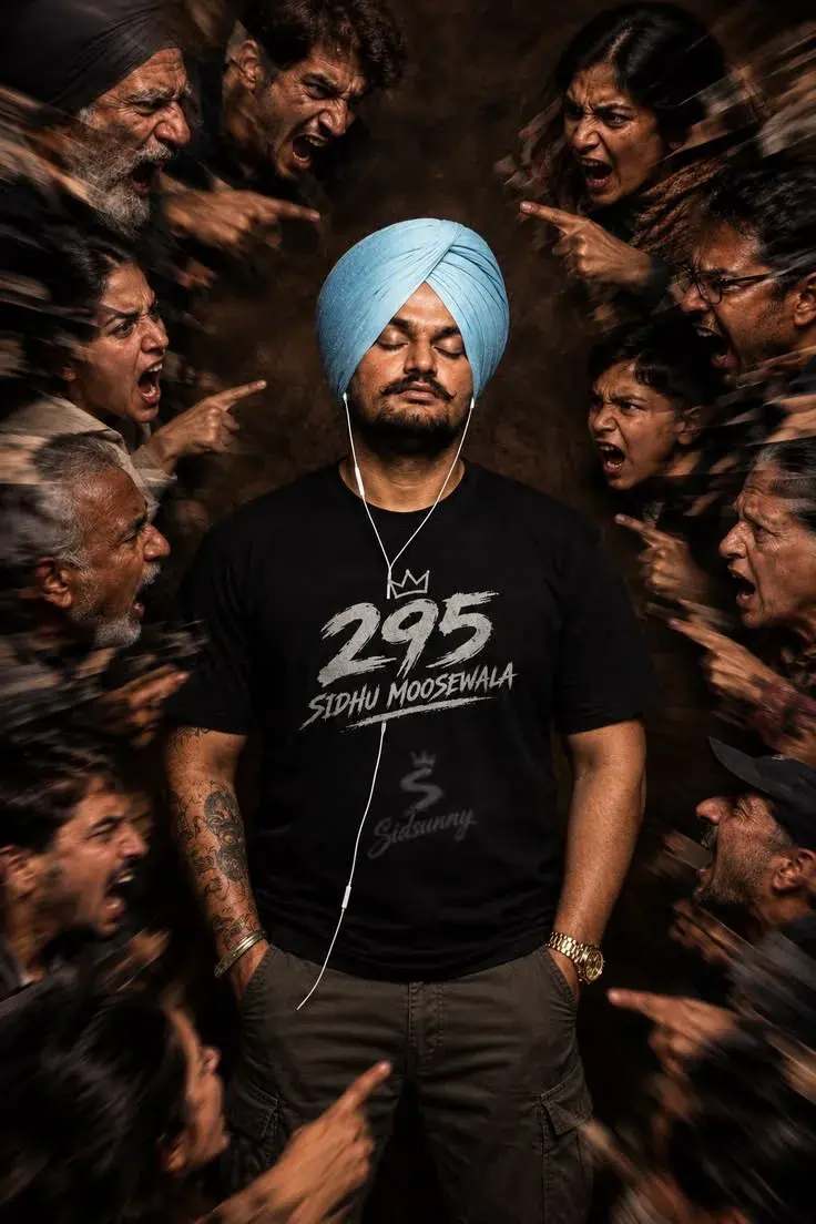 Dramatic Cinematic Studio Portrait Of Meditative Sikh Man In Sky Blue Turban Surrounded By Accusing Crowd